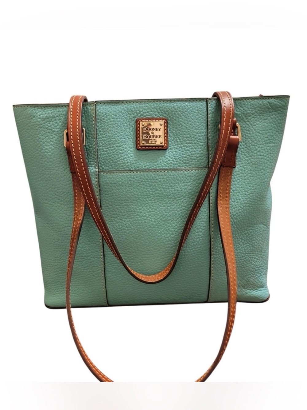Dooney & Bourke Mint Green Leather Tote With Pebbled Leather & Brown Leather Str
